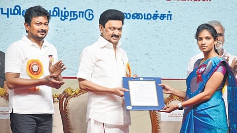Chief Minister MK Stalin  distributing the orders at  Kalaivanar Arangam in Chennai on Friday, Feb 16, 2024. 