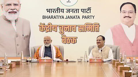 Prime Minister Narendra Modi with BJP president JP Nadda at the party's Central Election Committee meeting being held at party headquarters in New Delhi on Thursday, Feb 29, 2024.