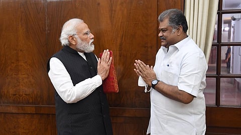 Tamil Maanila Congress chief G K Vasan with Prime Minister Narendra Modi in Parliament House on March 21, 2022.