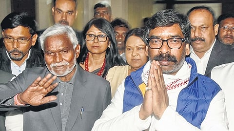 Jharkhand Chief Minister Champai Soren (left) and former CM Hemant Soren, along with party MLAs at the latter's residence.