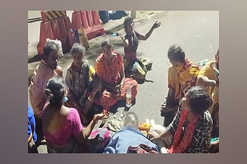 The villagers and relatives of a worker who allegedly died due to stomach ache staged a protest in front of Gangavaram port gate with the deceased's body, demanding justice.