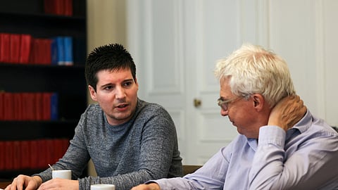 Portuguese whistleblower and founder of "Football Leaks," Rui Pinto (L) speaks with his lawyer, William Bourdon (R) during a meeting with journalists in Paris on February 1, 2024.