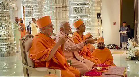 Prime Minister Narendra Modi during the inauguration of the BAPS Hindu Mandir, in Abu Dhabi on Wednesday, Feb. 14, 2024. 