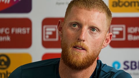  England's Ben Stokes interacts with the media ahead of the third Test match between India and England, at Saurashtra Cricket Association Stadium, in Rajkot on Wednesday, Feb. 14, 2024.