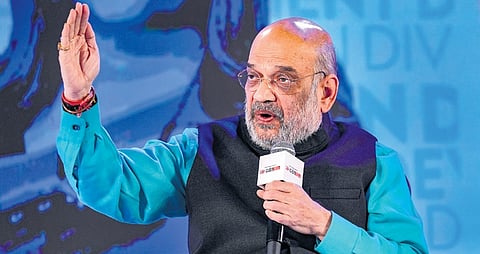 Home Minister Amit Shah speaks at an event in New Delhi on Saturday.