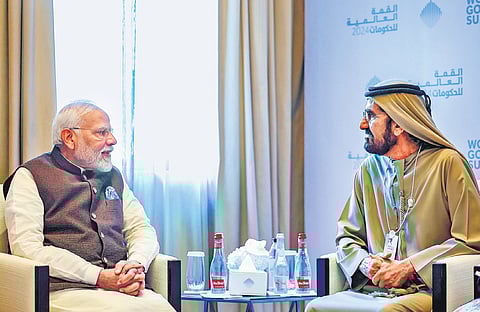 Prime Minister Narendra Modi and UAE Prime Minister Sheikh Mohammed bin Rashid Al Maktoum during a meeting in Dubai on Wednesday.