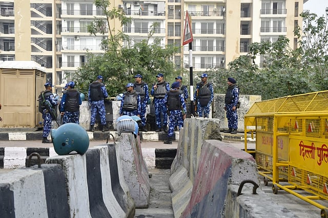 Paramilitary troops deployed at the Ghazipur border on Monday, ahead of the farmers' call for a march to Delhi on February 13, 2024.