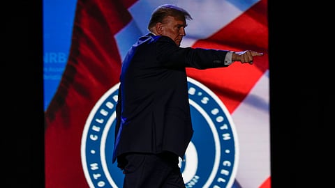 Republican presidential candidate former President Donald Trump gestures at the National Religious Broadcasters convention at the Gaylord Opryland Resort and Convention Center Thursday, Feb. 22, 2024, in Nashville