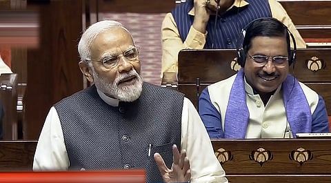 FILE | Prime Minister Narendra Modi speaks in the Rajya Sabha during the Budget session of Parliament