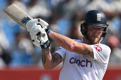 England's captain Ben Stokes plays a shot during the third day of the third Test cricket match between India and England at the Niranjan Shah Stadium in Rajkot on February 17, 2024. 