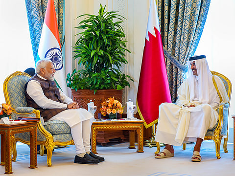 Prime Minister Narendra Modi during a bilateral meeting with the Emir of Qatar, Sheikh Tamim bin Hamad Al Thani, in Doha, on Feb. 15, 2024. 