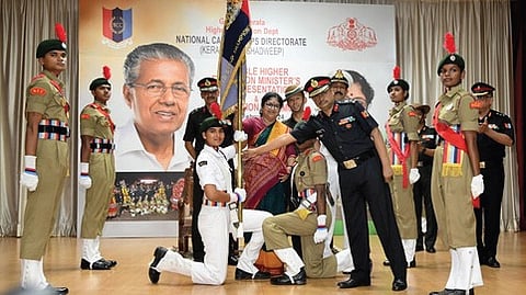 Higher Education Minister R Bindu with Kerala NCC Republic Day contingent at the Pangode Military Station in Thiruvananthapuram on Monday