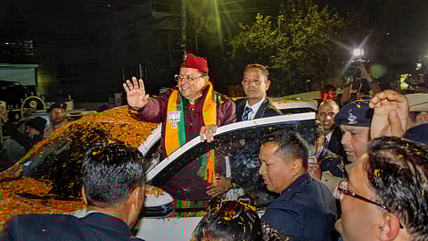 Uttarakhand Chief Minister Pushkar Singh Dhami being greeted by BJP leaders and supporters after the state Assembly passed the Uniform Civil Code Bill.