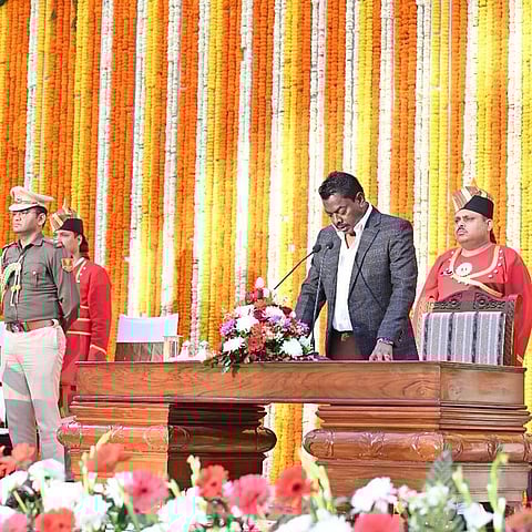 Basant Soren, younger brother of jailed former Chief Minister of Jharkhand, Hemant Soren, taking oath as cabinet minister.
