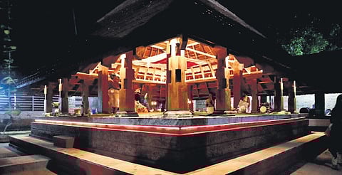 The renovated mandapam of the Kunnamangalam Bhagawati temple, Kozhikode, is adorned with lights ahead of the festival.