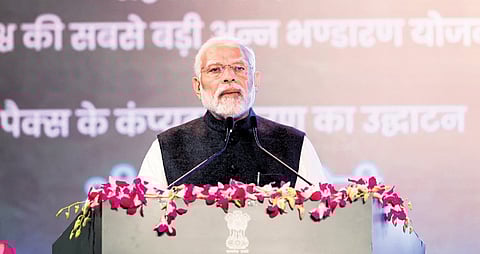 Prime Minister Narendra Modi speaks after inaugurating multiple initiatives for the cooperative sector, in New Delhi on Saturday