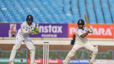 India's Sarfaraz Khan plays a shot on the first day of the third cricket test match between India and England in Rajkot, India, Thursday, Feb. 15, 2024. 