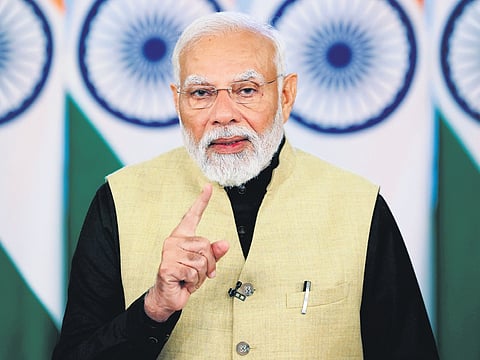 Prime Minister Narendra Modi speaks at the Ashwamedha Yagya event organised by World Gayatri Pariwar on Sunday.