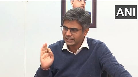 AAP's National General Secretary (Organisation) and MP Sandeep Pathak briefs the media on the party's political affairs committee meeting in Delhi on Tuesday.