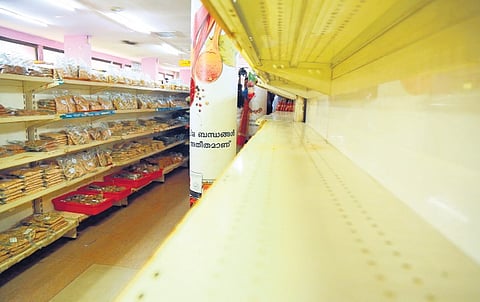Empty rack in the Supplyco store in Gandhinagar.