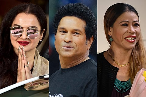 L-R: Celebs and former Rajya Sabha MPs Rekha, Sachin Tendulkar, and Mary Kom