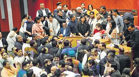 Opposition members shouting slogans during MCD budget session 