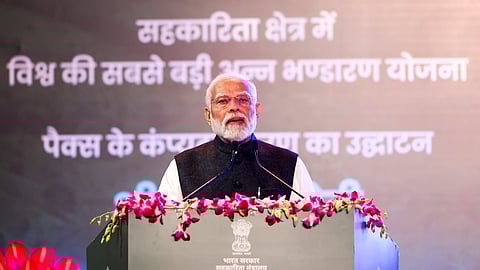 Prime Minister Narendra Modi speaks during the inauguration & foundation stone laying ceremony of multiple key initiatives for cooperative sector, in New Delhi.
