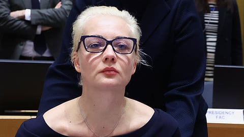 Yulia Navalnaya, wife of Russian opposition leader Alexei Navalny, addresses a meeting of EU foreign ministers at the European Council building in Brussels, Monday, Feb. 19, 2024.