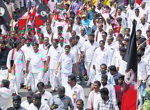 Puducherry AIADMK took out a rally against the government that culminated near the Assembly complex on Saturday, Feb 10, 2024. 