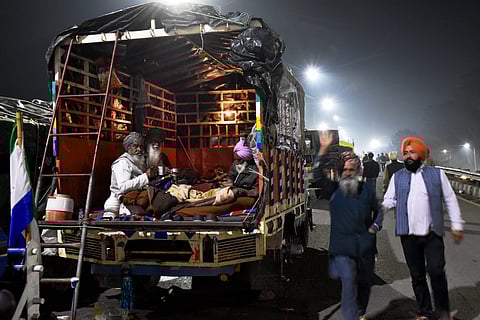 Farmers at the Punjab-Haryana Shambhu border during a protest march, in Patiala district, Thursday, Feb. 15, 2024.