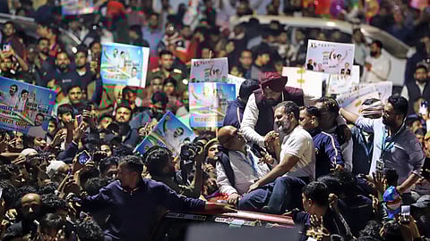 Congress leader Rahul Gandhi with Uttar Pradesh party president Ajay Rai during the roadshow in the ongoing Bharat Jodo Nyay Yatra, in Lucknow on Tuesday.