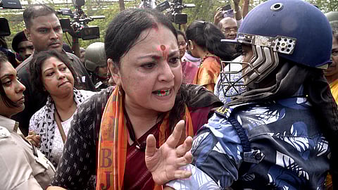 BJP MLA Agnimitra Paul with other five-member party delegation being barred by the police at Rampur on their way to Sandeshkhali to meet the victims