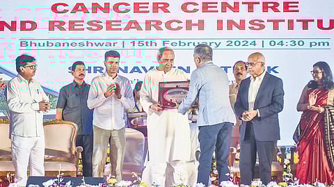 CM Naveen Patnaik being presented a memento during inauguration of Bagchi Sri Shankara Cancer Centre on Thursday.
