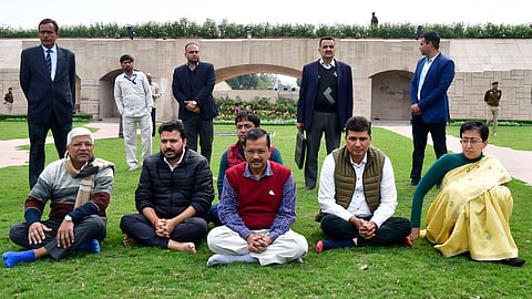 Delhi CM Arvind Kejriwal along with his Cabinet members and MLAs at the Rajghat to mark one year of party leader Manish Sisodia's arrest.