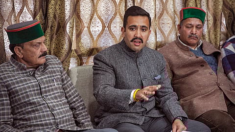 MLA Vikramaditya Singh addresses a press conference, in Shimla, Wednesday. Singh has resigned as Himachal Pradesh minister a day after Rajya Sabha election results.