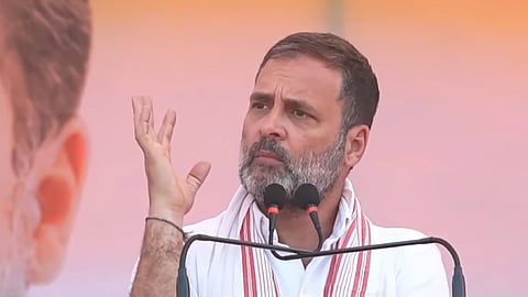 Congress leader Rahul Gandhi addresses the public as part of the party's Bharat Jodo Nyay Yatra in Ranchi on February 5, 2024.