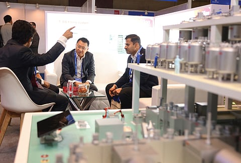 BioAsia 2024 delegates engaged in a discussion at the Hyderabad International Convention Centre (HICC) in Hyderabad on Tuesday