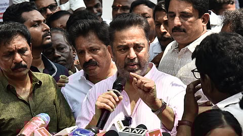 Actor and MNM chief Kamal Haasan addresses the media in Chennai on Wednesday.