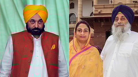A collage of Punjab Chief Minister Bhagwant Mann (R) and Shiromani Akali Dal leader Sukhbir Singh Badal  with his wife and Bathinda MP Harsimrat Kaur Badal.