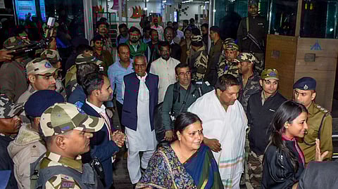 Jharkhand Mukti Morcha (JMM) and Congress MLAs arrive at the Ranchi airport for the floor test of the new government of Jharkhand