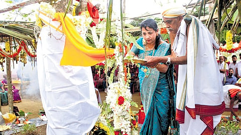 A peepal tree and a gooseberry sapling being married off at Kadagadalu village of Madikeri taluk on Monday.