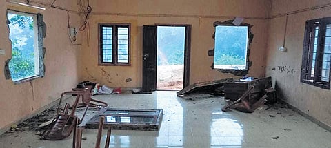 Edamalakkudy panchayat office that was vandalised by wild elephants.