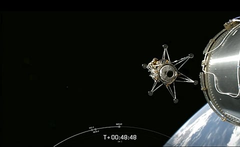 This image from video provided by SpaceX via NASA TV shows Intuitive Machines' lunar lander separating from the rocket's upper stage and heading toward the moon, Feb 15, 2024.