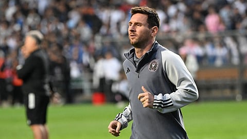 Inter Miami's Argentine forward Lionel Messi runs during training for the friendly football match between Hong Kong Team and US Inter Miami CF at the Hong Kong Stadium in Hong Kong on February 3, 2024. 