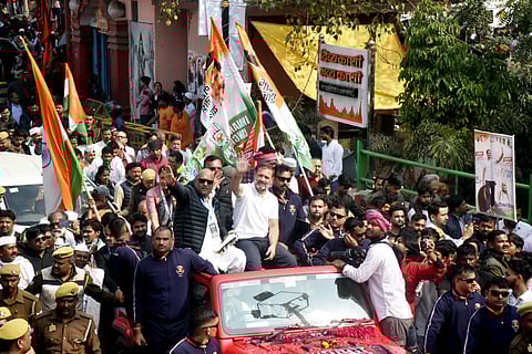 Congress leader Rahul Gandhi with party leader Ajai Rai during the Bharat Jodo Nyay Yatra, in Varanasi. 