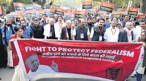 Kerala Chief Minister Pinarayi Vijayan with CPM general secretary Sitaram Yechury during a protest staged in New Delhi.