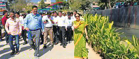 Additional Chief Secretary Shalini Rajneesh inspects the K-100 waterway project work in Bengaluru on Wednesday | Express