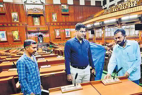 The Assembly Hall in Vidhana Soudha being readied on the eve of the budget session on Sunday | Express