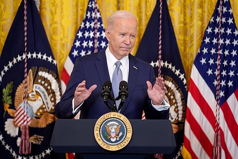 President Joe Biden speaks about Russia sanctions during an event with the National Governors Association in the East Room of the White House, Friday, Feb. 23, 2024, in Washington.