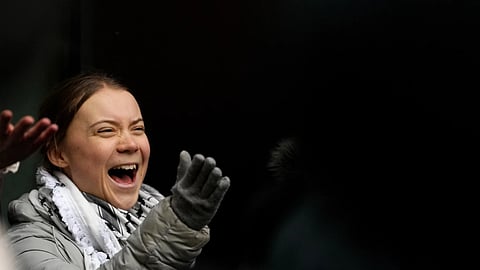 Environmental activist Greta Thunberg arrives at Westminster Magistrates Court in London, Friday, Feb 2, 2024.